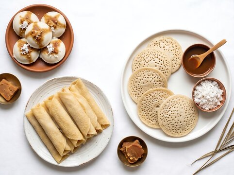 Traditional Bengali Pitha Collection Flatlay with Patishapta and Chitoi Pitha on White Background, Authentic Bangladeshi Cultural Food Photography