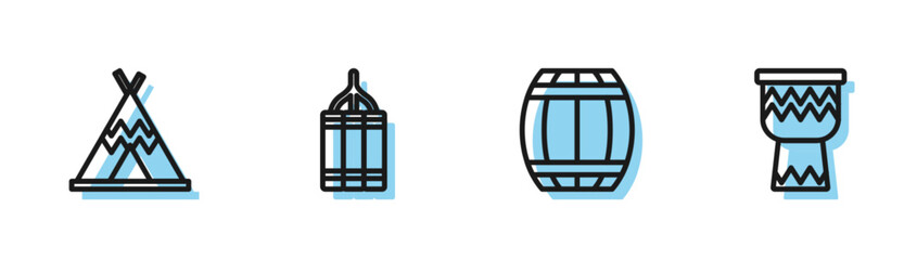 Set line Gun powder barrel, Indian teepee or wigwam, Dynamite bomb and Drum icon. Vector © Oksana