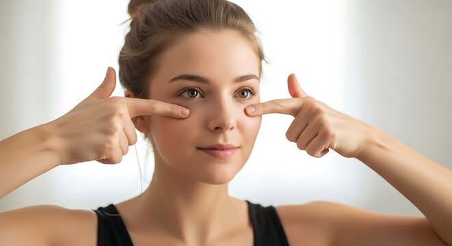 Young Woman Pointing Near Inner Eyes Beauty Routine.