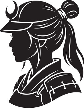Female samurai warrior profile silhouette with traditional katana armor and ponytail hair style vector illustration isolated on white background japanese kunoichi assassin character graphic design for