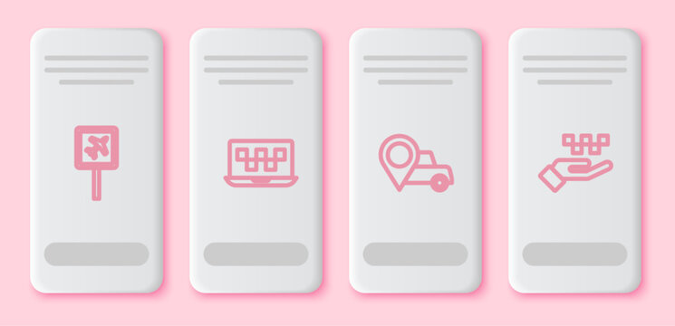 Set line Airport, Laptop call taxi service, Location with and Hand. White rectangle button. Vector