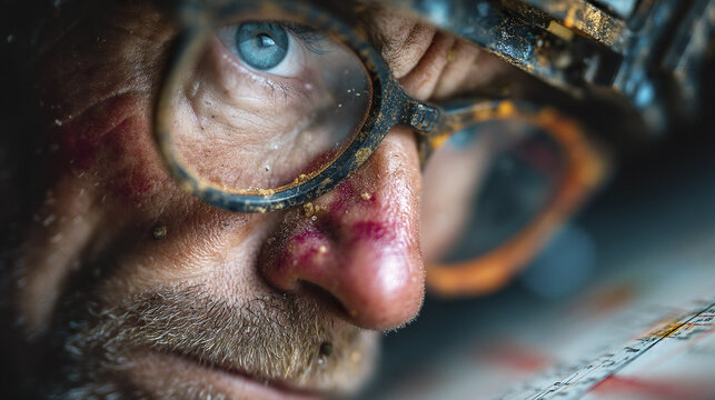 Close up of man with blue eyes wearing round glasses, showing detailed skin texture and facial hair, with focused and intense expression in low light