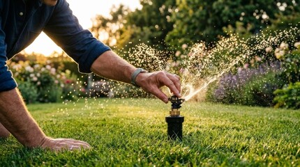 Obraz premium White Gardener Adjusting Sprinkler Head At Dusk Closeup Of Fingers Turning Nozzle Water Droplets Sparkling Soft Evening Light Backyard Lawn Tactile Routine Maintenance Seasonal Care