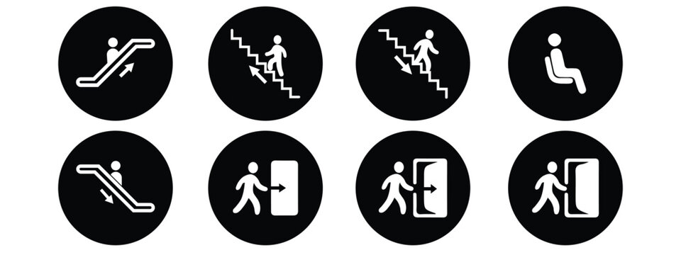 icon set of entrances and exits, elevators going up and down on a white background.