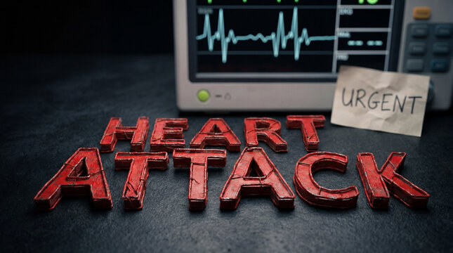 Red textured heart attack letters on a dark surface, with an ecg monitor displaying a heart rhythm and an urgent note