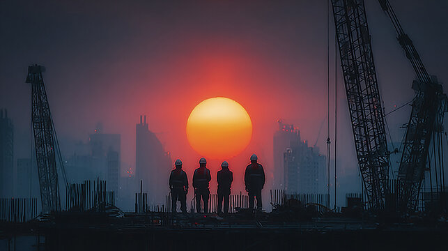 Construction worker silhouette at sunset with cranes and city skyline, creating dramatic and inspiring industrial scene with warm glowing sun and dark structures