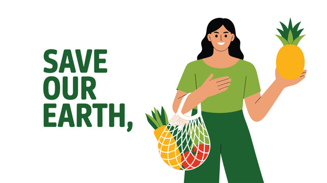 Smiling woman holding a fresh yellow pineapple and a reusable mesh grocery bag with vegetables next to text Save Our Earth.