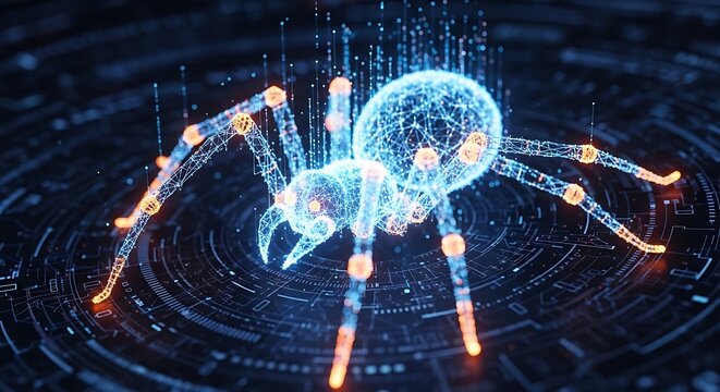 Glowing Digital Ant Visualized on Futuristic Data Network Interface