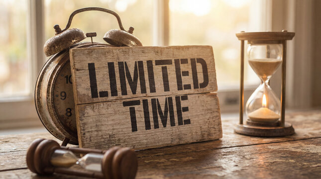 Wooden sign limited time illustrating an expiring offer or deadline, with an alarm clock and sand timer reinforcing urgency