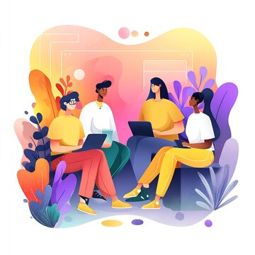 Colorful flat illustration of a diverse young team collaborating with laptops in a creative workspace