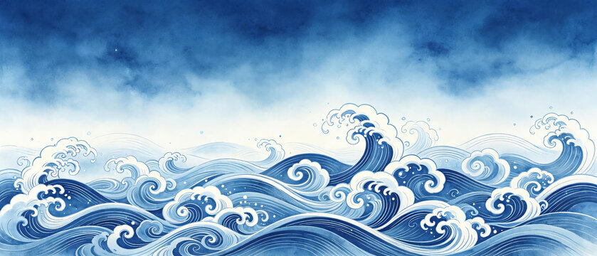 Traditional Blue Wave Watercolor Background
