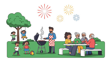 Naklejka premium Family Members Sharing Meal Outdoors in Backyard While Kids Play and Father Grills During Fireworks Celebration