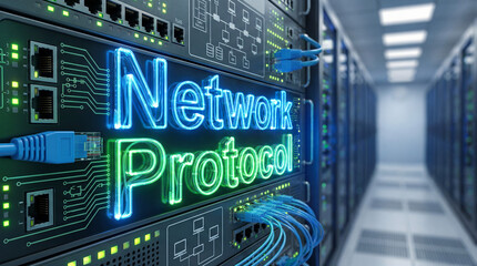 Obraz premium Network protocol text glowing brightly on server equipment, showing internet infrastructure and cybersecurity in a server room corridor