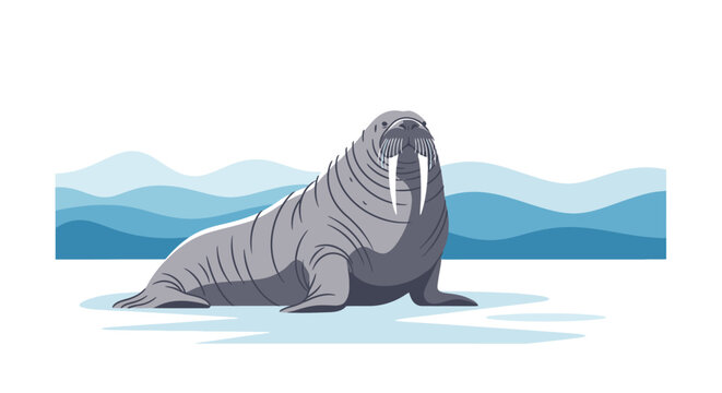 Artistic illustration of a walrus with tusks on ice in the Arctic