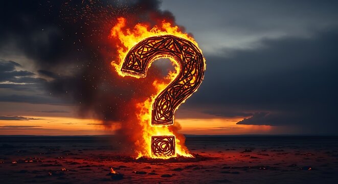 Burning Question Mark Standing on Barren Desert Landscape at Dramatic Sunset