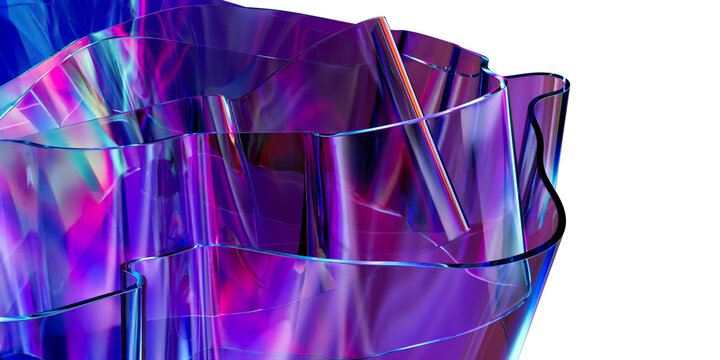 3D Rendering of Colorful Fluid ribbon Shape with Holographic Gradient, Isolated Transparent Background