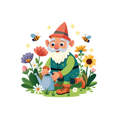 Fototapeta premium Gnome gardening with child in colorful flowers