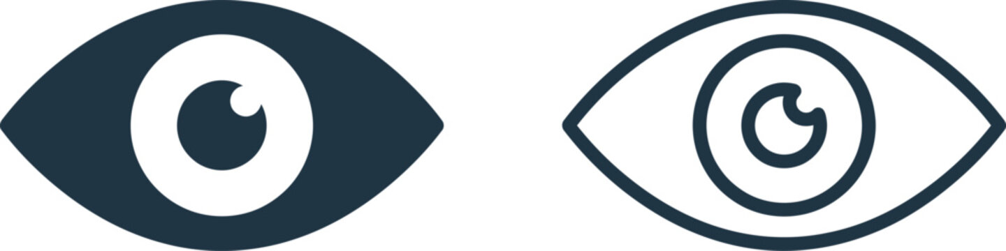 eye icon set with solid and outline styles and dark blue circular detail for vector design