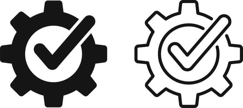 gear icon with check mark and wrench symbol set for quality assurance and settings