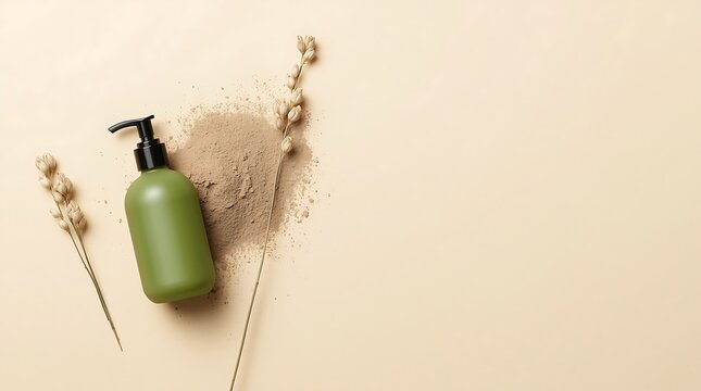 Green bottle with pump and natural elements on beige background, copy space.