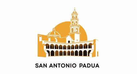 Fototapeta premium Stylized illustration of a large historical building with a tower and dome, set against an orange sun