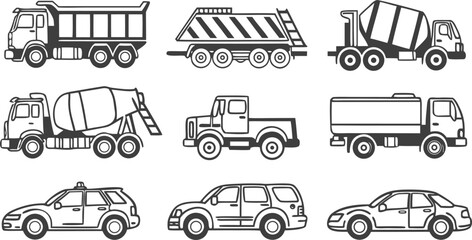 Construction machinery and transport vehicle line art vector icon set with dump trucks mixer pickup car and suvConstruction machinery and transport vehicle line art vector icon set with dump trucks mi © Snowar