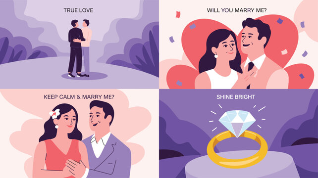 Romantic collage of couples proposing, getting married, and showing off a diamond engagement ring with text like Will You Marry Me.