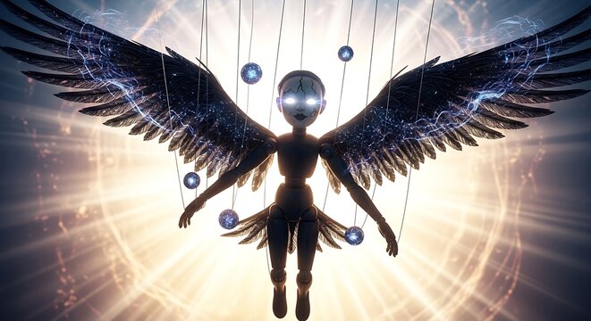 Mystical Dark Angel with Cosmic Energy and Glowing Orbs.