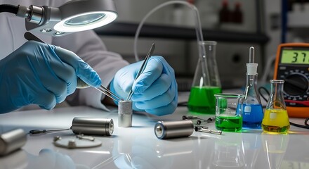 Fototapeta premium Gloved Scientist Handling Small Metal Component in Modern Laboratory
