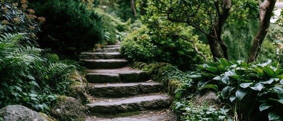 Obraz premium A picturesque stone pathway adorned with lush green foliage, inviting viewers to immerse themselves in a tranquil outdoor retreat surrounded by nature's beauty.