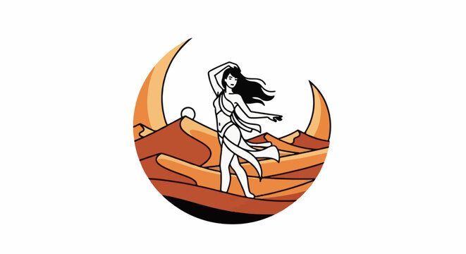 A striking illustration features a dancer posed amidst desert dunes under a crescent moon