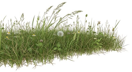 Fototapeta premium Green grass and wildflowers isolated background.