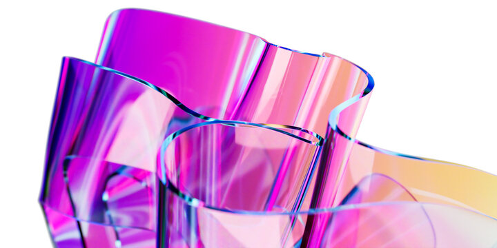 Elegant translucent iridescent glass curve sheets on transparent background, creating dynamic abstract composition. colorful gradient wave design element 3d rendering for innovative futuristic concept