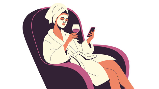 Relaxed woman wearing a white bathrobe and a facial mask enjoys a glass of red wine while scrolling on her smartphone in a purple chair.