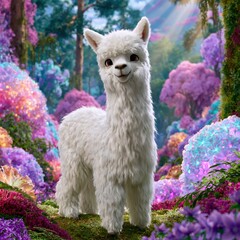 Fototapeta premium Friendly stylized llama character with a vibrant braided necklace in a colorful enchanted woodland setting surrounded by radiant oversized blossoms.