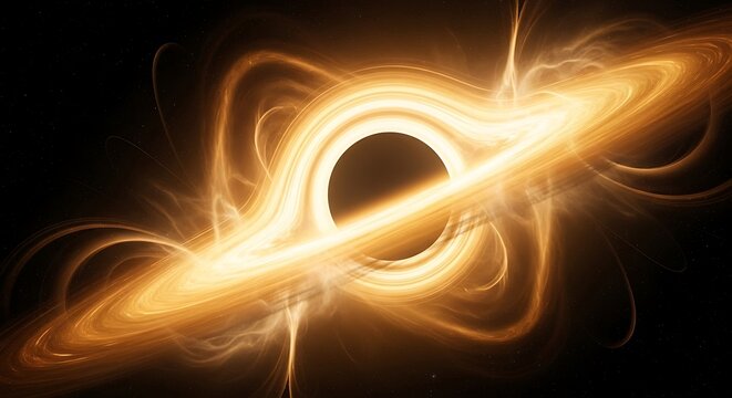 Swirling golden accretion disk around a dark, cosmic void