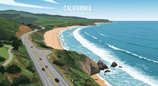 Vector illustration of California Pacific Coast Highway One featuring a winding coastal road with cars, rocky cliffs, a sandy beach, blue ocean waves, and green hillsides.