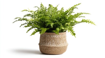 Naklejka premium Lush green fern in a textured woven pot, casting a subtle shadow