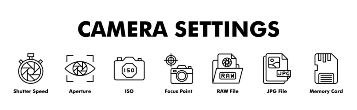 CAMERA SETTINGS web banner icon vector illustration concept for business with icon of Shutter Speed, Aperture, ISO, Focus Point, RAW File, JPG File, Memory Card 