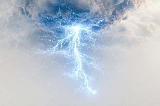 A brilliant blue lightning bolt explodes from dark, stormy clouds