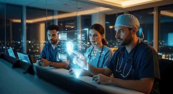 Healthcare team monitoring HIPAA compliance and patient privacy using a futuristic digital security interface in a hightech medical facility at