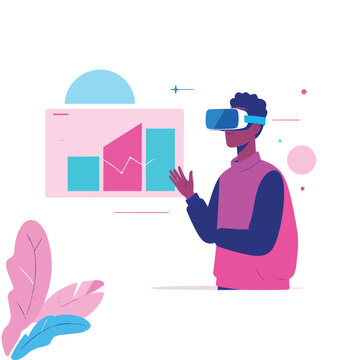 Man wearing virtual reality headset interacting with digital graph on screen in futuristic setting with colorful abstract shapes