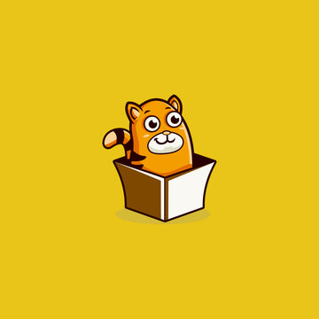 Cute Cartoon Orange Cat Popping Out of Box Mascot Logo