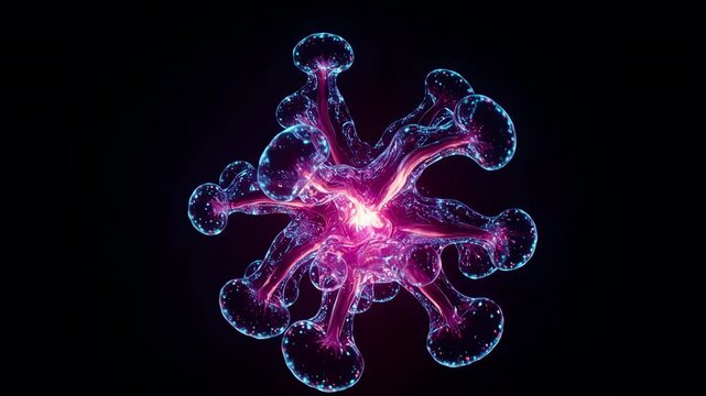 Complex branching translucent fluid in magenta and blue forming a bioluminescent abstract microbe