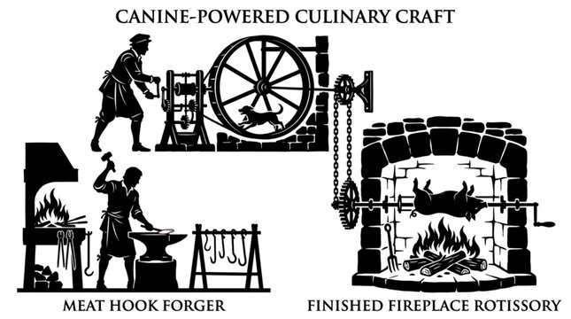 Traditional historical turnspit dog running in large wooden wheel mechanism next to blacksmith forging iron S hooks on anvil and completed pig roasting on fireplace rotisserie spit vector