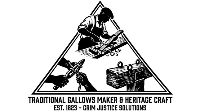 Traditional gallows maker and heritage craft emblem showing carpenter carving timber with drawknife hands tying rope noose with marlinspike and completed hanging beam structure vector