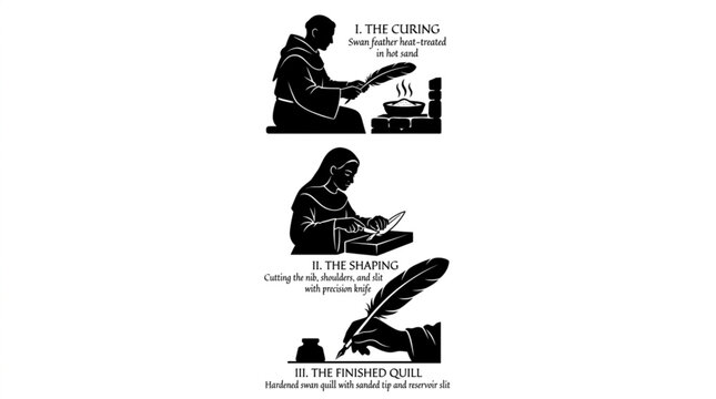 Traditional medieval quill pen making infographic sequence showing monk curing swan feather in hot sand nun shaping nib with precision knife and hand writing with completed inkwell fountain pen vector