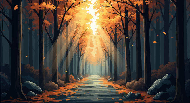 Vector illustration of an autumn forest path with sunbeams through orange and yellow tree leaves, dark silhouetted trunks, and bright light at the end of a stone walkway.