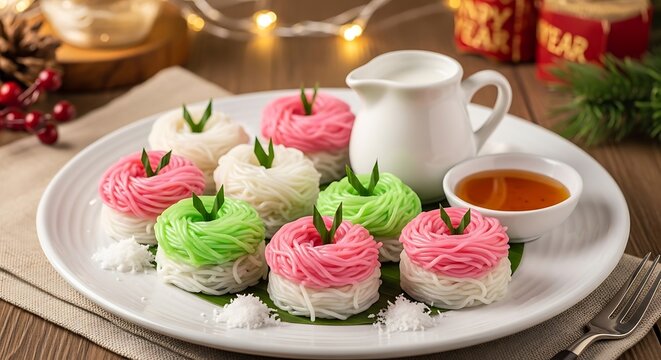 Vibrant plate of traditional Indonesian Putu Mayang cakes, colorful noodle-like desserts served with coconut milk and palm sugar syrup, set against a festive background.