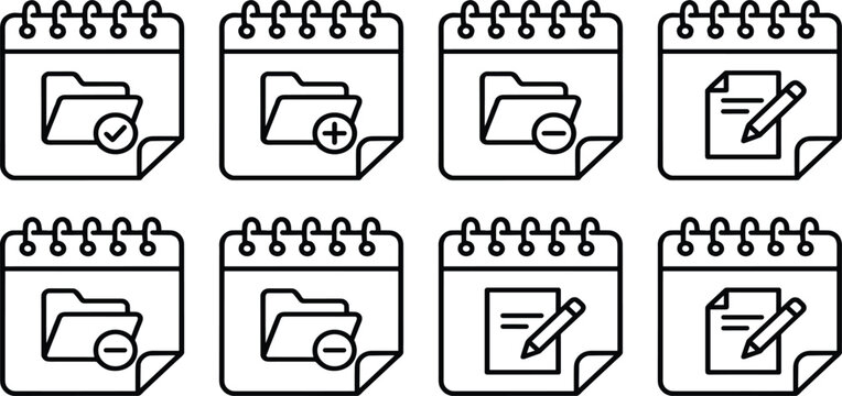 Calendar task management icon collection vector illustration featuring folder actions document editing and file organization symbols for productivity applications